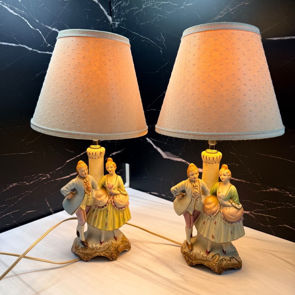 Vintage Pair Colonial Couple Porcelain Table Lamps Made in Japan 16 Inch Tall